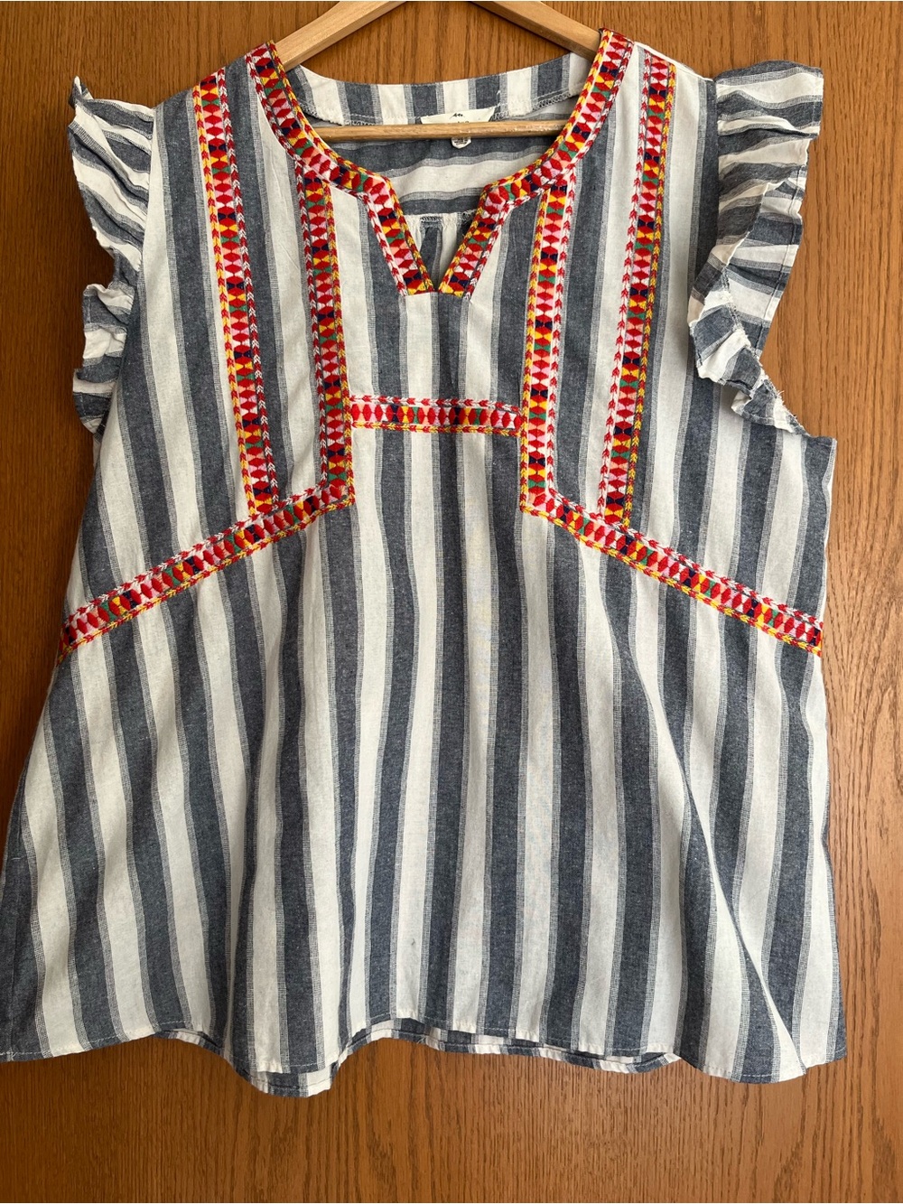 Entro Blue and White Striped Embroidered Ruffle Sleeve Top